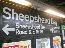 Sheepshead Bay subway station sign in Brooklyn, New York